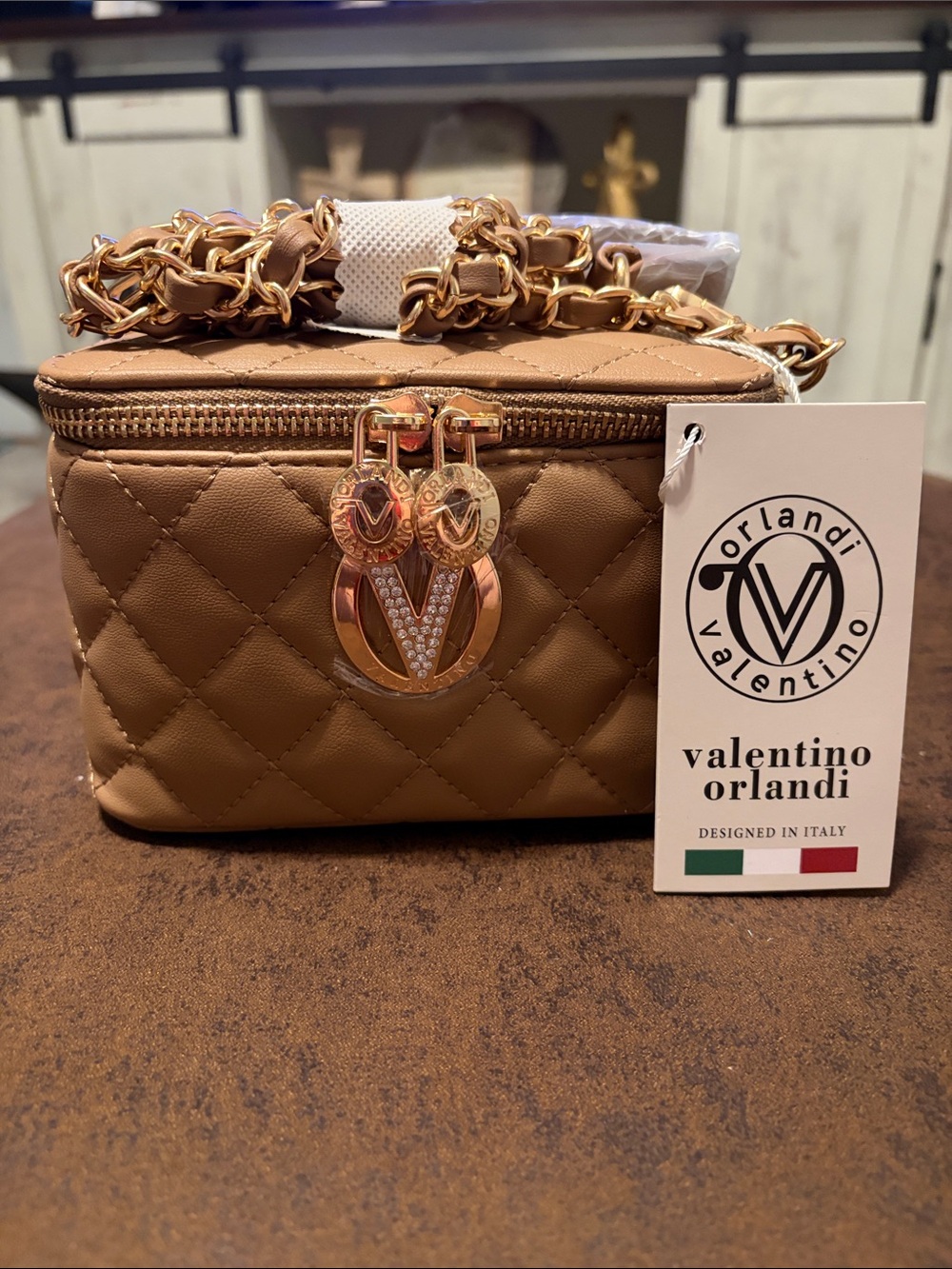Valentino Orlandi Quilted Camel Tan Mini Vanity Crossbody with Gold Hardware